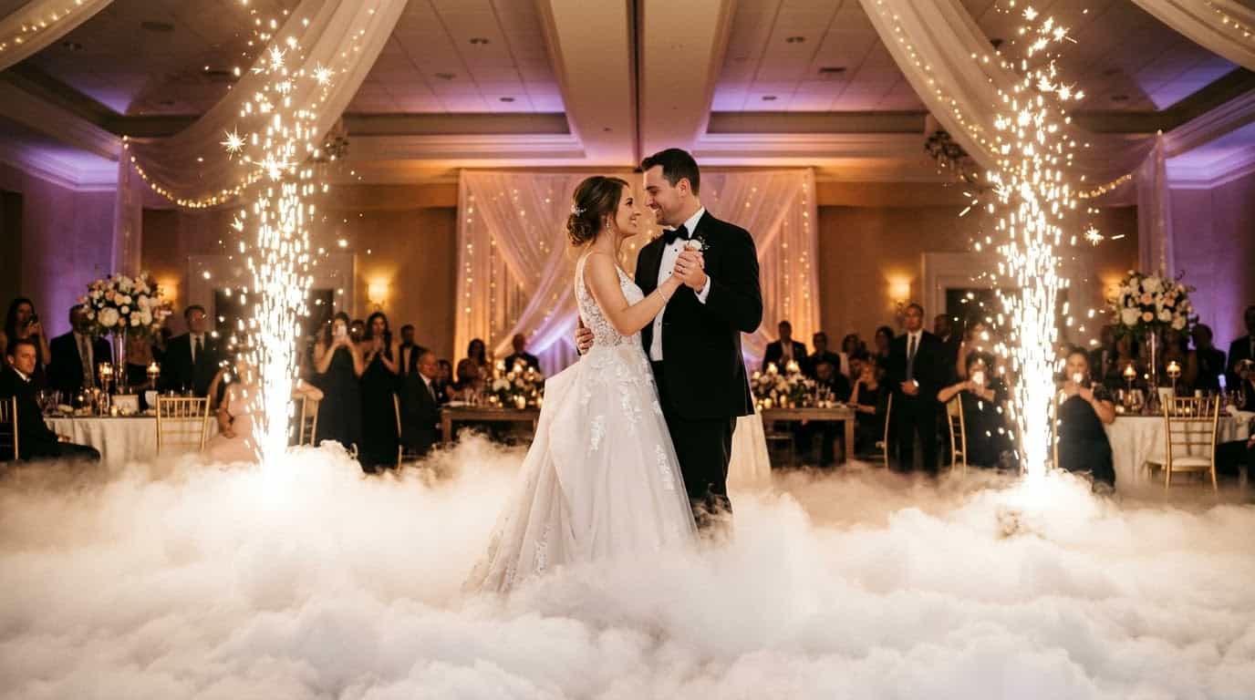 Newlyweds Dancing on a cloud with sparks